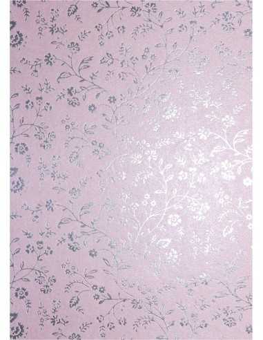 Hârtie decorativă metalizată roz inchis - flori argintii 18x25 5buc.