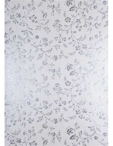 Hârtie decorativă metalizată alb - flori argintii 18x25 5buc.