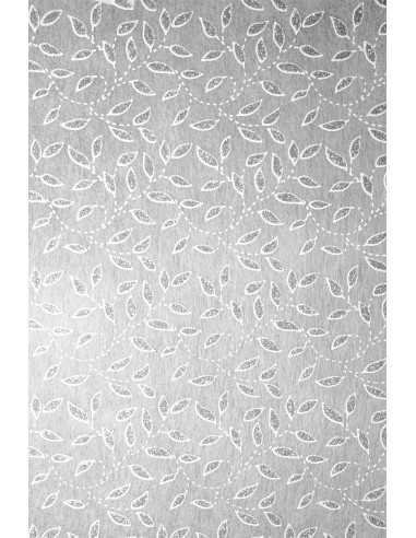 Hârtie decorativă căptuțeală alb - frunze din brocart argintiu 58x90 1 buc.